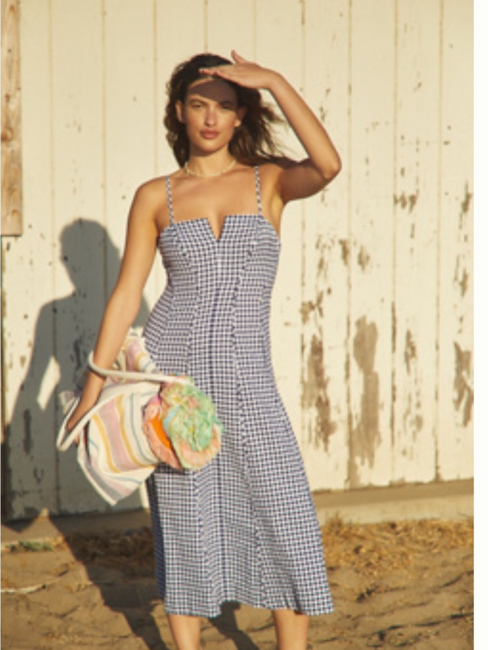 Women's Blue Gingham Midi Dress - Spaghetti Strap Sundress